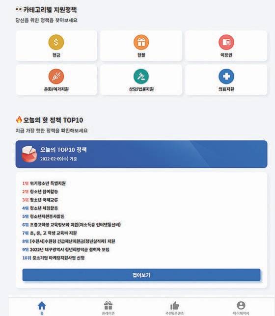 웰로는 자신이 입력한 프로필 내용에 맞춰 금융·교육·문화·주거·일 등 분야별로 추천 정책을 매칭해 알려준다. 웰로 홈페이지 캡처.