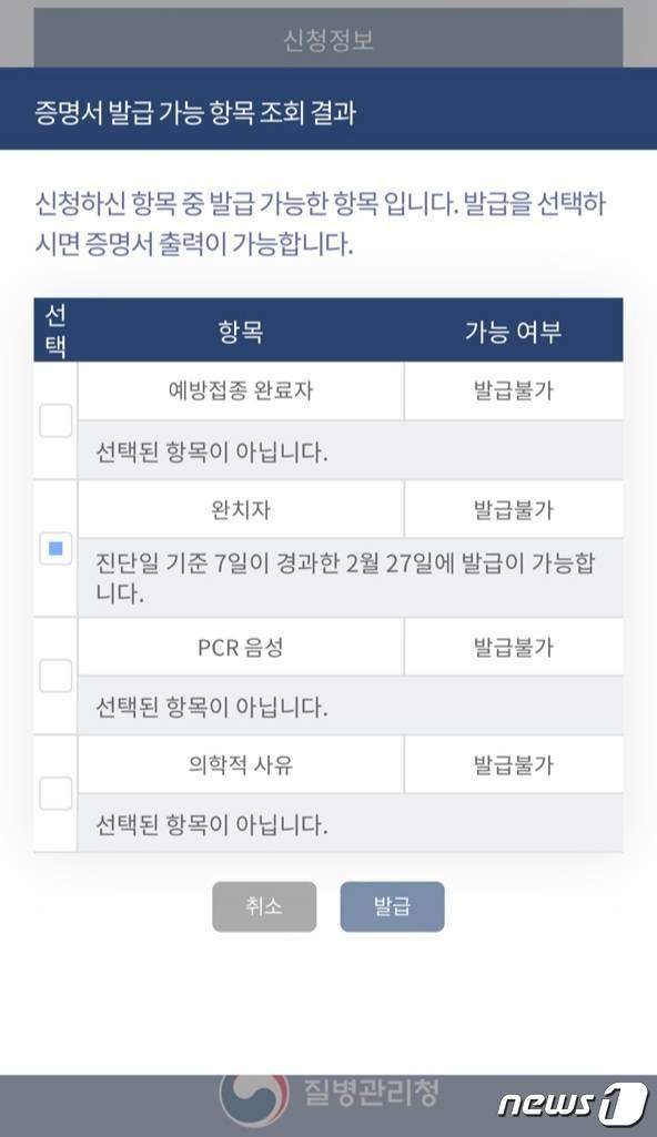 자가격리 해제자는 질병청에서 진단일 기준 7일 경과 이후 완치확인서를 발급받을 수 있다. © 뉴스1