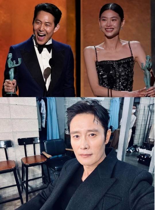 ▲ 위 왼쪽부터 이정재 정호연, 이병헌. 출처ㅣ이병헌 인스타그램