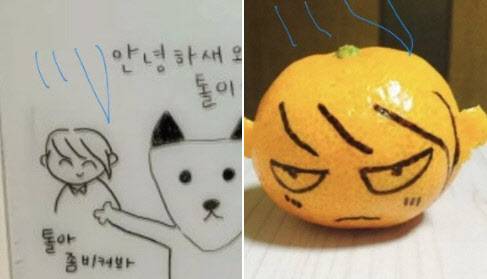 과거 윤석열 국민의힘 대선후보 SNS에 올라온 집 안 화이트보드 그림(왼쪽)과 윤 후보가 3.1절인 전날 “우리는 우크라이나와 함께 합니다”라는 문구와 함께 올린 ‘귤 그림’