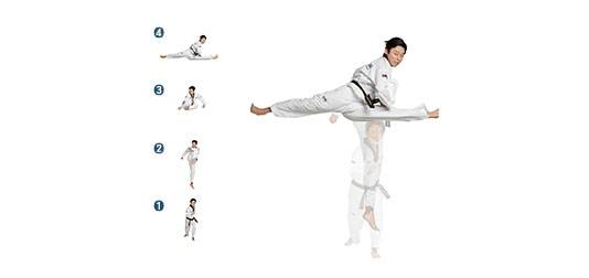 두 발이 양 옆으로 벌어져 가위와 비슷한 모습인 가위차기 동작 [국기원 발간 태권도용어사전 사진]