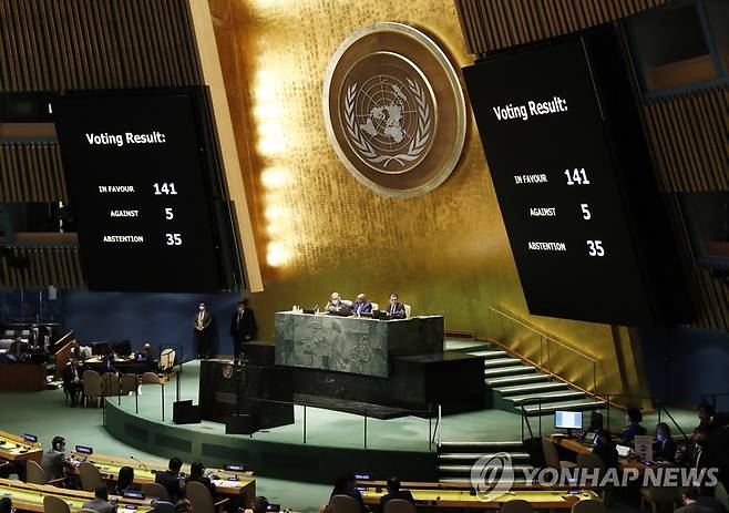 러시아 규탄 결의안 표결하는 유엔 긴급특별총회 (뉴욕 UPI=연합뉴스) 2일(현지시간) 미국 뉴욕의 유엔 본부 총회 회의장에 설치된 대형 스크린에 러시아의 우크라이나 침공을 규탄하고 즉각 철군을 요구하는 내용의 결의안에 대한 표결 결과가 비치고 있다. 유엔은 이날 긴급특별총회에서 결의안을 표결에 부쳐 찬성 141표, 반대 5표, 기권 35표로 채택했다고 밝혔다.2022.3.3 jsmoon@yna.co.kr