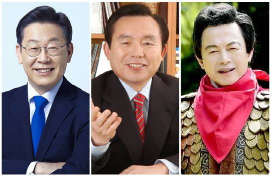 이재명 더불어민주당 대선 후보(왼쪽부터), 이인제 전 국회의원, 허경영 국가혁명당 대선 후보. <민주당 선대위 제공, 이인제, 허경영 페이스북>