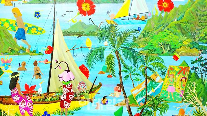 ‘뱅가드’ 전에 참여한 작가 임현정의 ‘드림 하와이’(2021) 부분. 원시향 물씬 풍기는 하와이의 풍경을 편집하듯 한 화면에 모아뒀다(사진=오현주 문화전문기자).