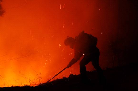 산불재난특수진화대원, 화마와 밤샘 사투 - 남부지방산림청 울진국유림관리소 소속 산불재난특수진화대원이 6일 오후 경북 울진군 금강송면 소광리 일대에서 금강소나무숲을 지키기 위해 화마와 사투를 벌이고 있다. 2022.3.7 산림청 제공
