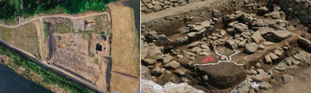 위에서 본 호로고루성 4차 발굴 모습. 사각형의 구덩이는 성에서 하천 역할을 한 집수정으로 바닥은 목재구조물이고 유기물층에선 탄화곡물과 동물뼈가 수습됐다. 오른쪽은 고구려 온돌건물지. 토지박물관 제공