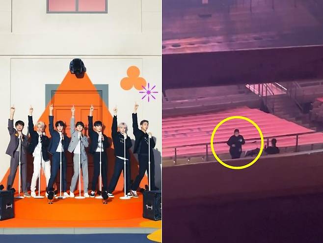 그룹 방탄소년단. 오른쪽은 서울 공연장 장애인석 앞에서 노랫말을 통역하고 있는 수어 통역사의 모습이다. /빅히트 뮤직, 김이나 인스타그램