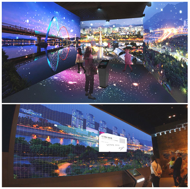 대전시립박물관 실감콘텐츠 적용 예시(위)와 미디어방명록 적용 예시(아래). 대전시 제공