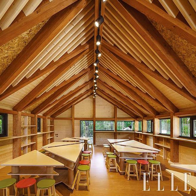 실내공간을 이루는 마감재와 집기들의 대부분은 나무와 종이다.