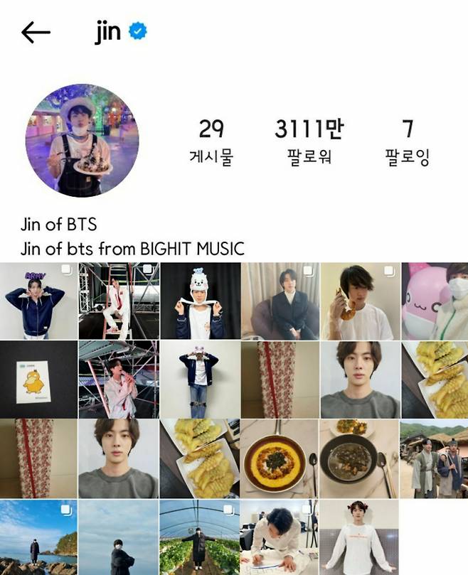 'JIN스타 갬성' 방탄소년단 진 인스타그램 팔로워 3100만 돌파