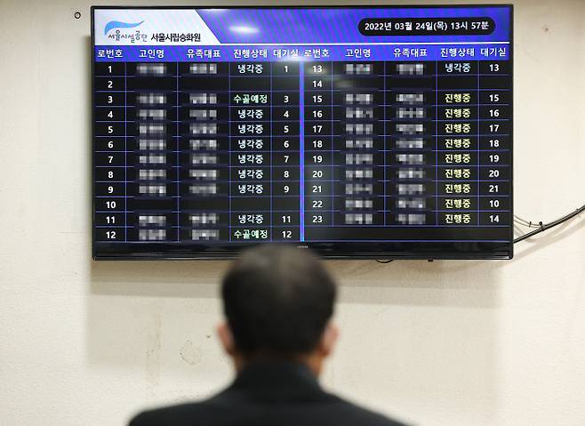 국내 코로나19 하루 사망자 수가 역대 최다를 기록한 3월 24일 오후 경기도 고양시 서울시립승화원에 설치된 스크린에 화장 진행 상태가 띄워져 있다. / 연합뉴스
