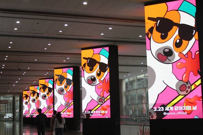 빛글림에서 최근 '세계 강아지의 날'을 기념해 제작한 씽씽이를 타는 강아지 영상 콘텐츠가 코엑스에서 전시되고 있다/사진제공=빛글림