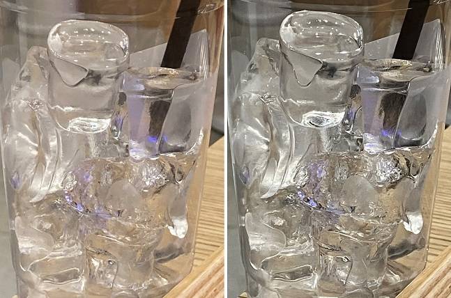 아이폰SE2세대(왼쪽)와 3세대로 촬영한 얼음. 3세대로 촬영한 얼음은 디테일이 살아있다. / 사진=백유진 기자 byj@