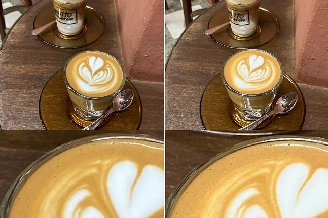 아이폰SE 2세대(왼쪽)와 3세대로 촬영한 커피. 사진을 확대해보면 오른쪽 사진에서 우유 거품의 질감이 더 잘 표현돼 있다./사진=백유진 기자 byj@