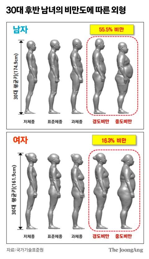 30대 후반 남녀의 비만도에 따른 외형. 그래픽=김주원 기자 zoom@joongang.co.kr