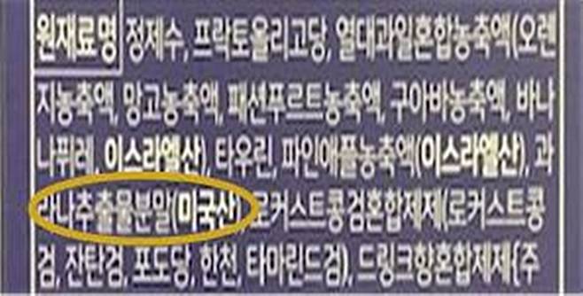 제품 원재료명에 적힌 과라나 추출물분말 표시 [서울시 제공. 재판매 및 DB 금지]