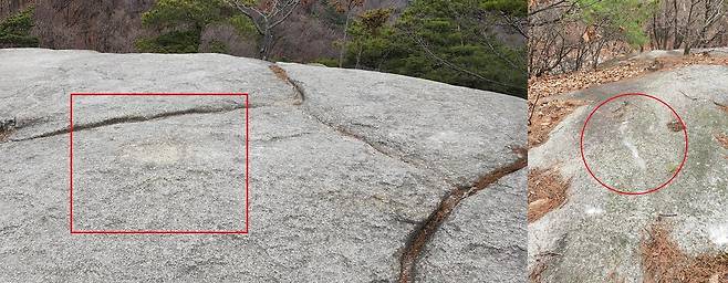 수락산 이어 불암산에서도…경찰, 정상석 '연쇄 실종' 수사 (의정부=연합뉴스) 최근 수도권의 수락산 주봉 정상석이 행방불명된 데 이어 인근 불암산에서도 정상석이 사라져 당국이 조사 중이라고 25일 밝혔다.
    '애기봉 204m'라고 적힌 해당 표지석은 남양주시가 설치한 공공 자산으로 지난 22일 전후 실종된 것으로 추정된다. 사진은 정상석이 사라지고 남은 흔적(왼쪽), 정상석을 끌고 가 남은 것으로 추정되는 흔적(오른쪽). 2022.3.25
    [남양주시청 제공. 재판매 및 DB 금지] photo@yna.co.kr