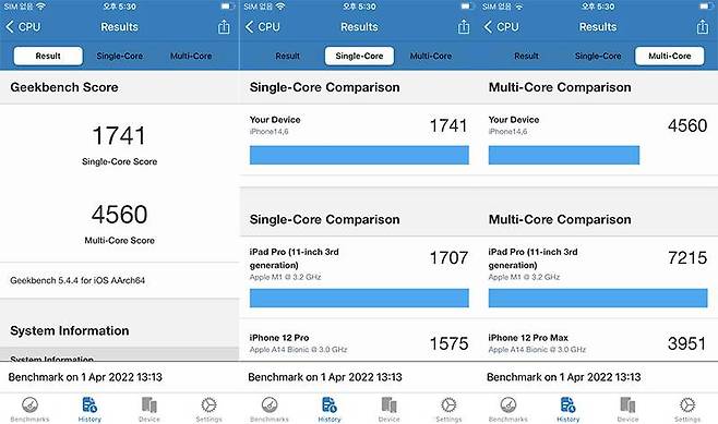벤치마크 프로그램, 긱벤치 5의 결과. 아이폰 12 프로 맥스보다도 성능이 높음을 알 수 있다. 출처=IT동아