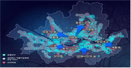 심야시간 유동인구 및 심야버스 이용가능 범위.