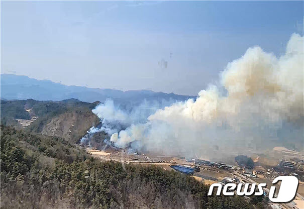 5일 오후 1시30분께 경북 봉화군 화천리의 한 야산에서 산불이 났다. 산림청은 산불 2단계를 발령했다.© 뉴스1