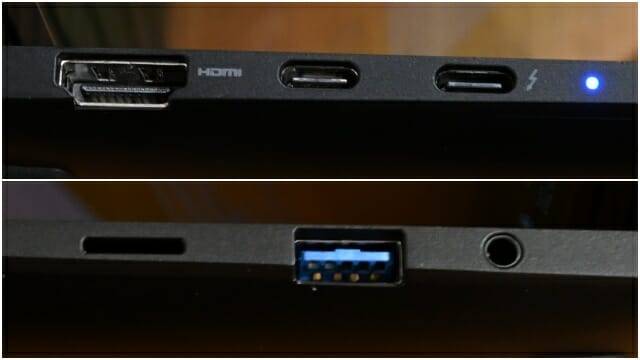 입출력 단자는 USB-C 2개, USB-A 2개, HDMI 단자 1개 등으로 슬림노트북에 충분한 수준이다. (사진=지디넷코리아)