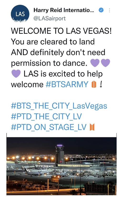 미국 라스베이거스 공항 트위터 계정이 관제탑에 보라색 조명을 켠 사진을 보여주며&nbsp;BTS 팬들을 환영하고 있다. 트위터 캡처