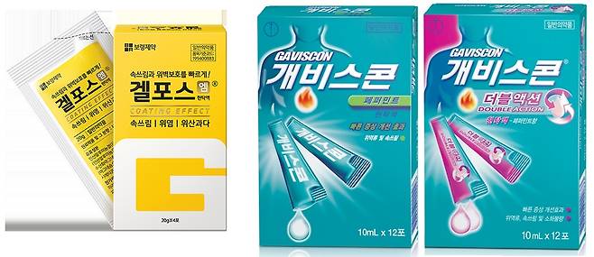 많은 사람들이 평소 속쓰림 증상이 있을 때 제산제(위산 중화제)를 찾는다. 약국에서 판매되는 대표적인 제산제 제품인 겔포스와 개비스콘./사진=각사