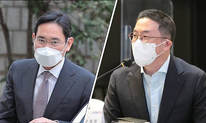 이재용 삼성전자 부회장이 2021년 12월27일 청와대에서 열린 '청년희망 온(ON) 참여기업 대표 초청 오찬 간담회'에 입장하고 있다. (오른쪽 사진)구광모 LG그룹 회장이 2021년 10월21일 서울 강서구 마곡LG사이언스파크에서 열린 '청년희망ON' 행사에서 인사말을 하고 있다.ⓒ연합뉴스