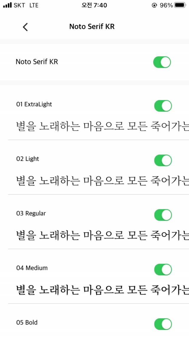 폰트 설치 화면. 해당 폰트의 다양한 굵기를 확인할 수 있다. 개중 원하는 굵기만을 설치할 수도 있다. 사진 캡처=정다은 기자