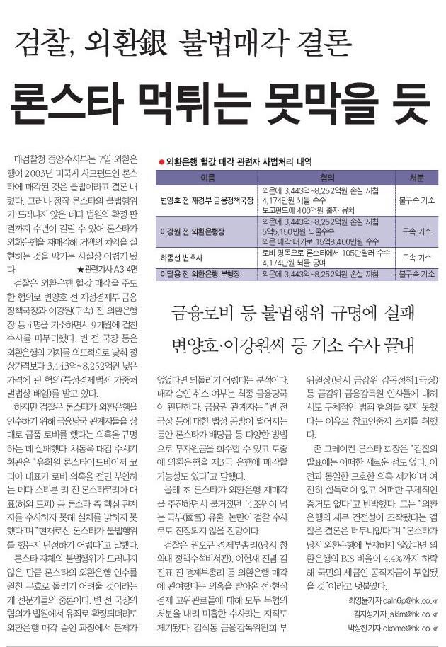 2006년 12월 8일 한국일보 1면.
