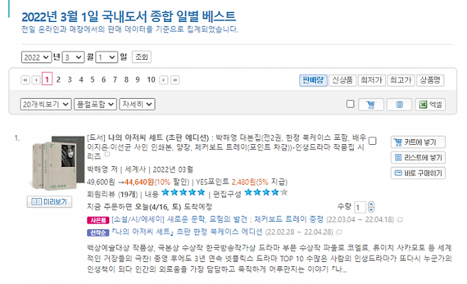 종합 베스트셀러 1위를 차지한 ‘나의 아저씨’ 대본집. 예스24 캡처