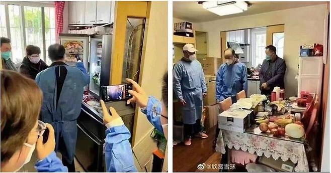 * 봉쇄 가정 시찰 중인 천퉁 부시장. 음식재료로 냉장고가 가득 차있다. (출처: 중국 웨이보)