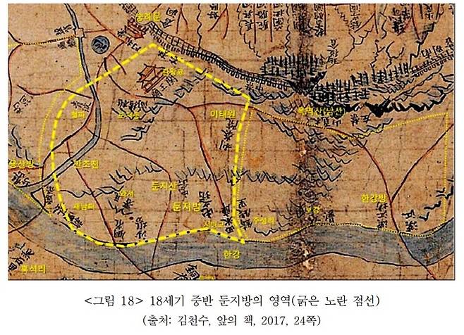 [서울=뉴시스] 18세기 중반 둔지방의 영역. 2022.03.18. (자료=김태우, 김천수 논문 갈무리) *재판매 및 DB 금지
