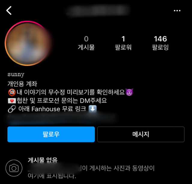 피해자 전모씨 사진을 도용해 만든 인스타그램 계정. 전씨 제공