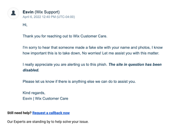 전씨가 호스팅 업체로부터 받은 메일. "당신의 이름과 사진을 이용한 가짜 사이트가 만들어져 유감"이라며 "사이트 접근이 제한됐다"고 설명했다. 전씨 제공