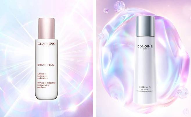 (왼쪽부터) 클라랑스 '브라이트 플러스 모이스춰라이징 에멀전', 동인비 '설 브라이트닝 에센스'