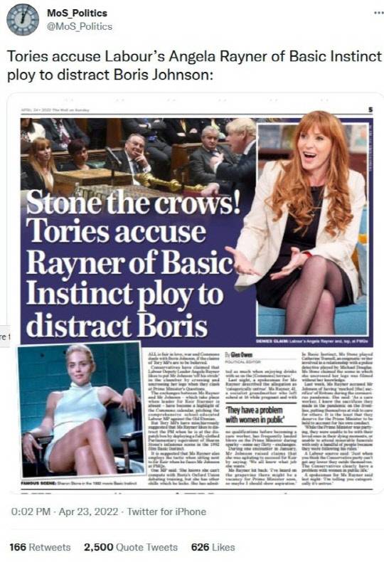 지난 24일(현지시간) 영국 '메일 온 선데이'라는 매체가 영국 제1야당 노동당의 앤절라 레이너 부대표가 하원 회의장에서 짧은 치마를 입은 채 다리를 꼬았다 풀었다 하며 보리스 존슨 총리의 주의를 분산시키려 했다며, 마치 영화 '원초적 본능'의 배우 샤론 스톤과 같았다는 내용으로 보도한 지면 모습. 연합뉴스