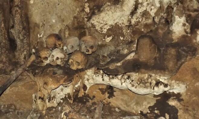 멕시코 치아파스의 한 동굴에서 발견된 인간의 두개골들. 사진=INAH
