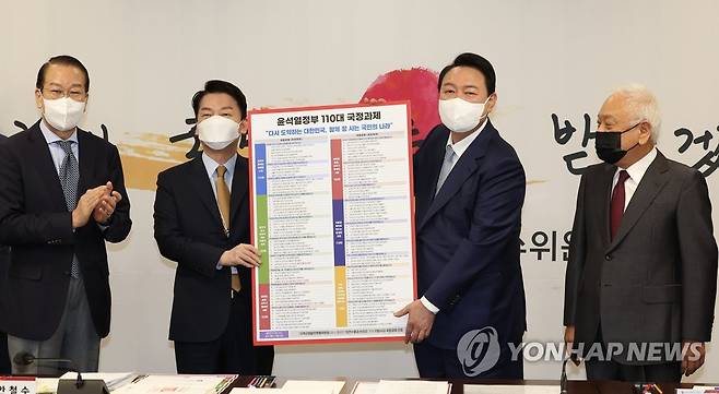 110대 국정과제 전달받는 윤석열 당선인 (서울=연합뉴스) 황광모 기자 = 윤석열 20대 대통령 당선인이 3일 오전 서울 종로구 삼청동 대통령직인수위원회에서 열린 전체 회의에서 안철수 인수위원장으로부터 인수위가 준비한 110대 국정과제를 전달받고 있다. 2022.5.3 hkmpooh@yna.co.kr
