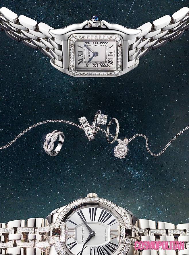 (위부터)22x30mm 스퀘어 케이스의 베젤에 브릴리언트컷 다이아몬드 36개가 세팅된 팬더 드 까르띠에 워치 1천만원대 까르띠에. 화이트 골드 소재에 다이아몬드가 세팅된 로즈 디올 바가텔 네크리스 가격미정 디올 파인 주얼리. 18K 화이트 골드와 63개의 화이트 다이아몬드가 세팅된 샹스 인피니 링 7백15만원 프레드. 티파니 T 트루 디자인의 화이트 골드 링 가격미정 티파니. 플래티넘 소재 링에 티파니 트루 컷 화이트 다이아몬드가 세팅된 티파니 트루 링 가격미정 티파니. 플래티넘 소재 밴드에 다이아몬드가 파베 세팅된 티파니 솔리스트 밴드 링 가격미정 티파니. 36mm 화이트 골드 케이스에 262개 다이아몬드 장식의 벨벳 주얼리 워치 9천5백50만원 로저드뷔.