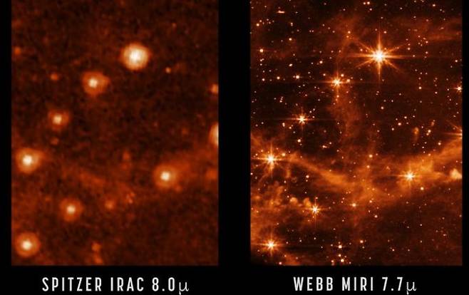 스피처 우주망원경(사진 왼쪽)과 제임스웹 우주망원경이 촬영한 대마젤란은하의 일부 모습. 사진=NASA/JPL-Caltech, NASA/ESA/CSA/STScI