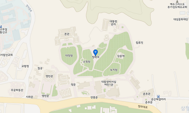 11일 국토교통부&nbsp;공간정보 오픈 플랫폼 ‘브이월드’에&nbsp;청와대 주변 일원의 위치가 상세히 나타나있다. 브이월드 캡처