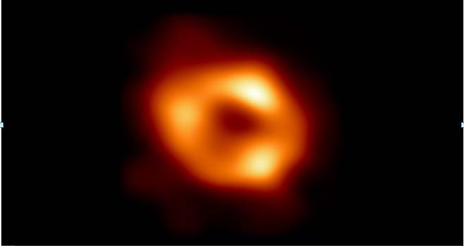 궁수자리 A 블랙홀 이미지. 중심의 검은 부분은 블랙홀(사건의 지평선)과 블랙홀을 포함하는 그림자이고, 고리의 빛나는 부분은 블랙홀의 중력에 의해 휘어진 빛이다.[EHT 제공]