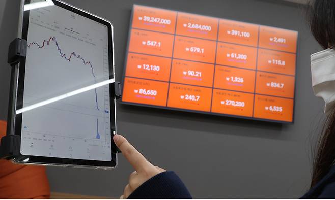 13일 서초구 빗썸 고객센터 모습. 한국산 가상화폐 루나와 자매 스테이블 코인 테라USD(UST) 폭락으로 전 세계 가상화폐 시장이 흔들리고 있다. 비트코인은 9개월여 만에 4천만원 아래로 떨어졌다. 연합뉴스