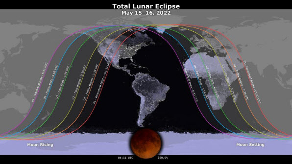 ▲오는 15일(현지시간) 개기월식 진행 지도.(사진=NASA)