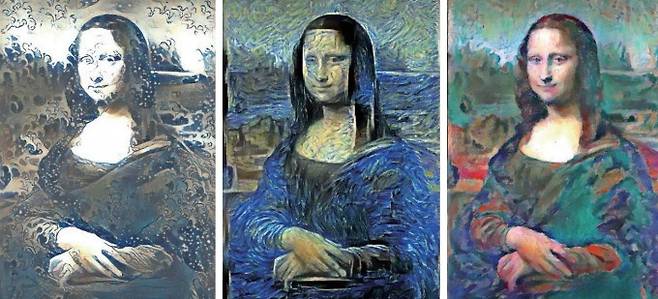 생성적 대립 신경망(GAN)을 이용해 만든 합성데이터. 모나리자를 왼쪽부터 순서대로 카츠시카 호쿠사이, 빈센트 반 고흐, 앙리 마티스의 화풍으로 바꿨다. 위키피디아 제공