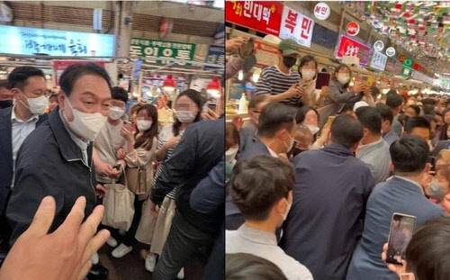 윤석열 대통령은 취임 후 첫 주말인 14일 부인 김건희 여사와 함께 시장과 백화점 등에서 나들이를 했다고 대통령실이 밝혔다. 이날 인스타그램에 게재된 윤 대통령의 광장시장 방문 모습. [인스타그램 사진 캡처]