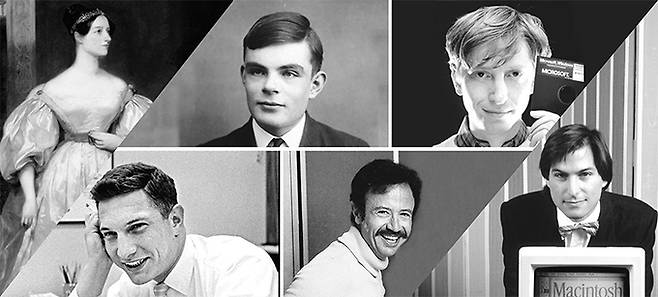 최고의 전기 작가 중 한 명인 월터 아이작슨은 신간에서 꼼꼼한 자료와 고증을 바탕으로 디지털 혁명의 수많은 이노베이터들에 대한 이야기를 들려준다. 그는 디지털 혁명은 팀과 협업에 의해 이뤄져 왔다며, 협업 문화와 비전 있는 지도자의 결합이 무엇보다 중요하다고 강조한다. 사진은 에이다 러브레이스, 앨런 튜링, 빌 게이츠, 스티브 잡스, 앤디 그로브, 로버트 노이스 . (왼쪽 위부터 시계 방향) gettyimageskorea, 21세기북스 제공