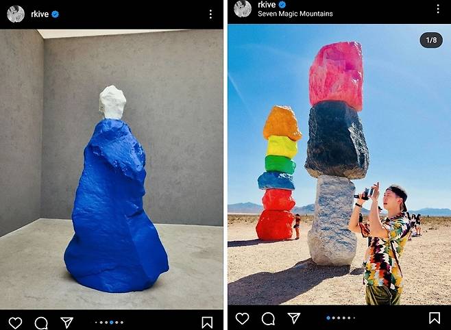 RM이 국제갤러리에서 촬영한 우고 론디노네 작품(왼쪽)과 네바다주에 설치된 '세븐 매직 마운틴스' 현장 사진 [RM 인스타그램 갈무리]