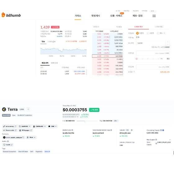 15일 오후 1시 30분 기분 국내 암호화폐 거래소 빗썸에서 루나가 1400원이 넘는 가격에 거래되고 있다. 반면 글로벌 암호화폐 시황 중계 사이트 코인마켓캡에 따르면 같은 시간 루나의 가격은 0.1달러 미만이다. 제공 각 사이트 캡처